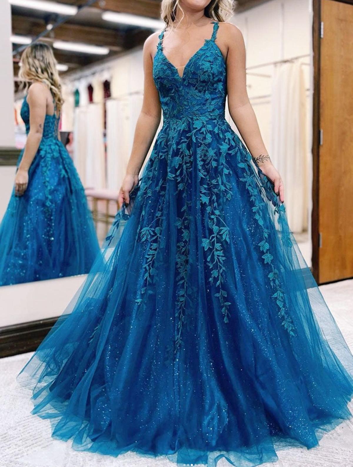 Unthony - V Neck Open Back Blue Lace Long Prom Dress