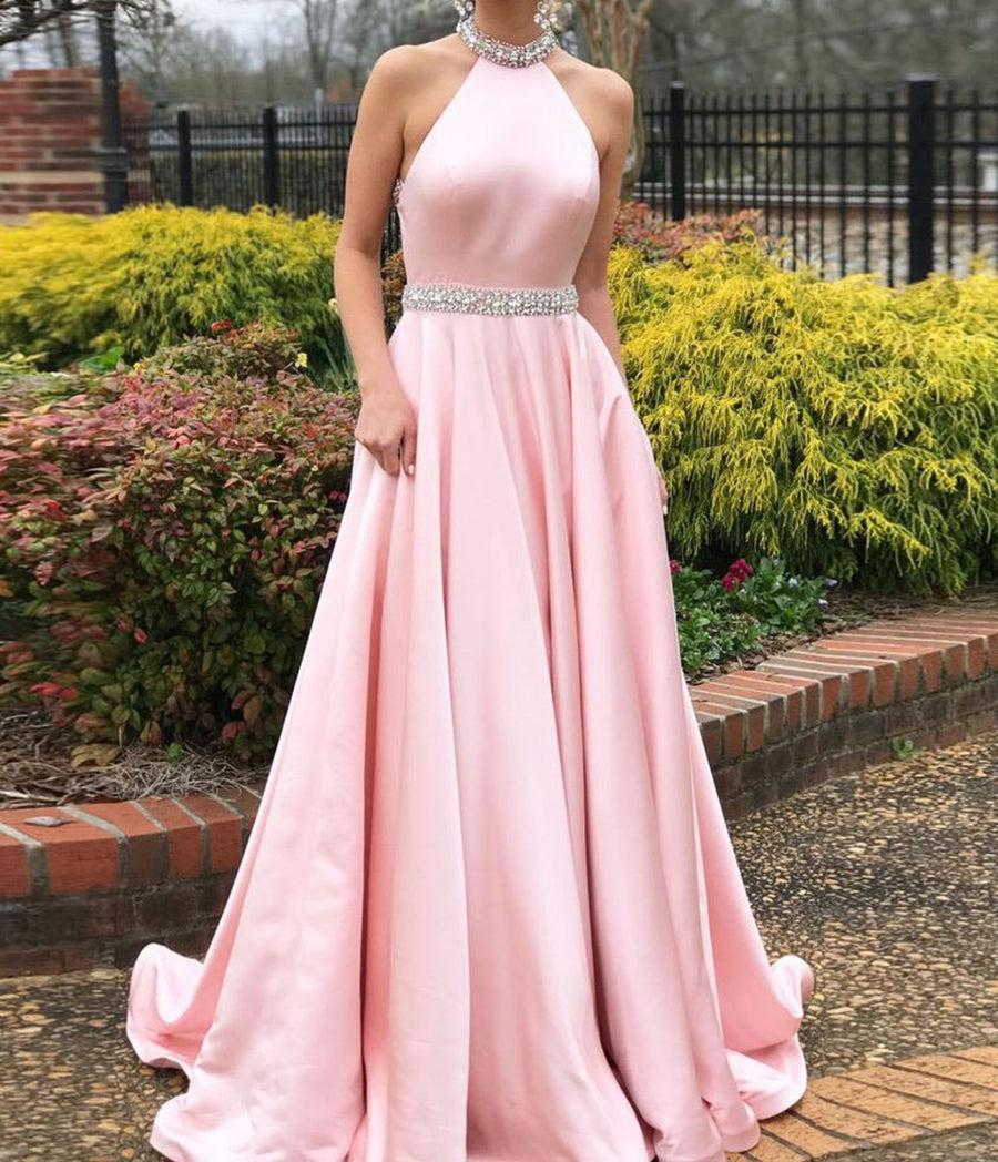 Unthony - Pink Halter Neck Backless Beading Satin Long Prom Dresses
