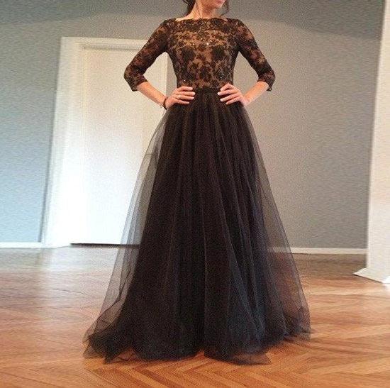 Unthony - Custom Made Long Sleeves Backless Lace Black Prom Dresses