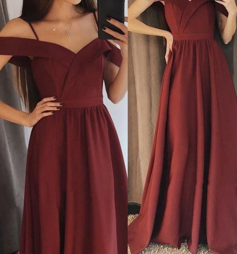 Unthony - Elegant Off the Shoulder Burgundy Satin Long Prom Dress