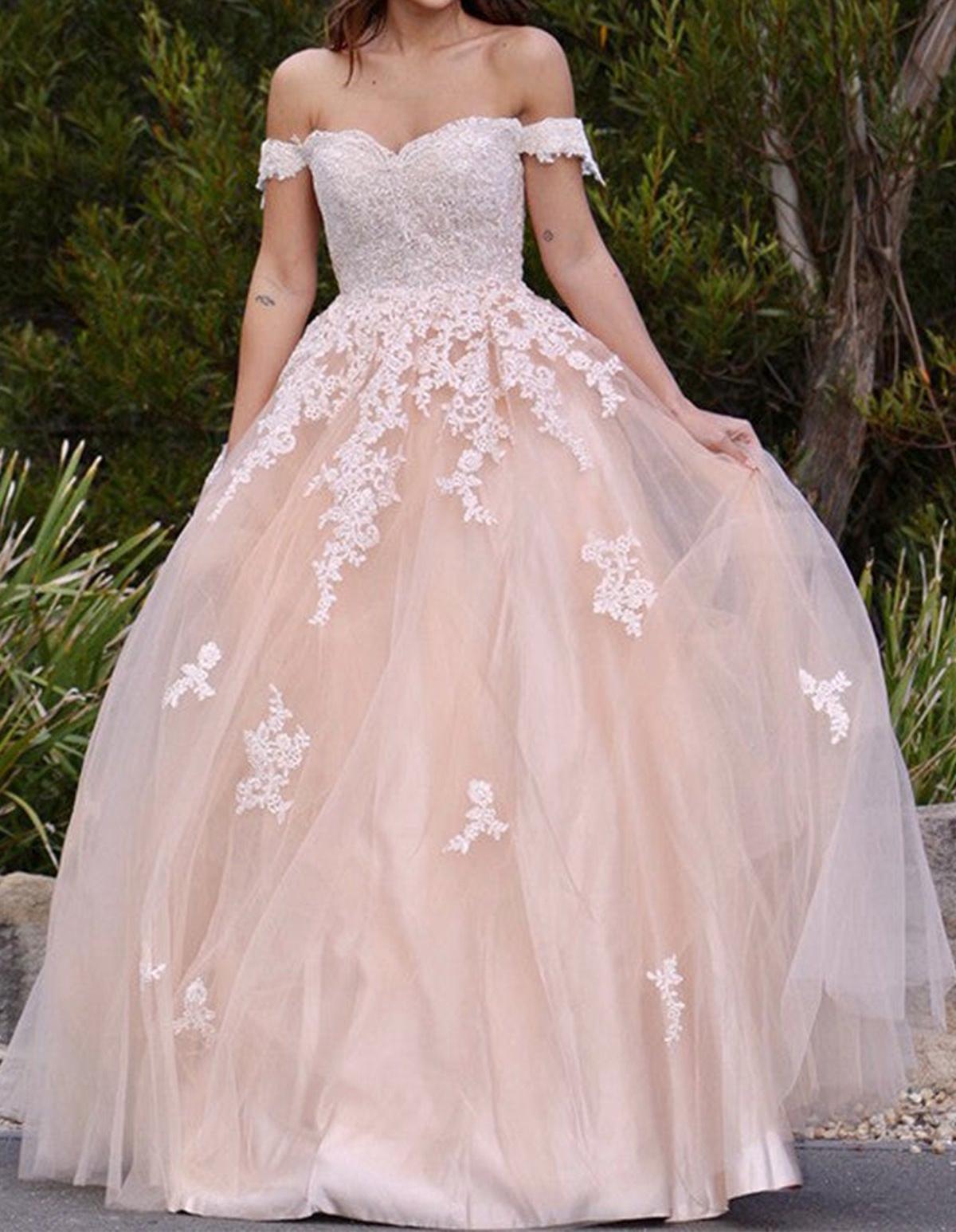 Unthony - Off Shoulder Pink Tulle Lace Long Prom Dress