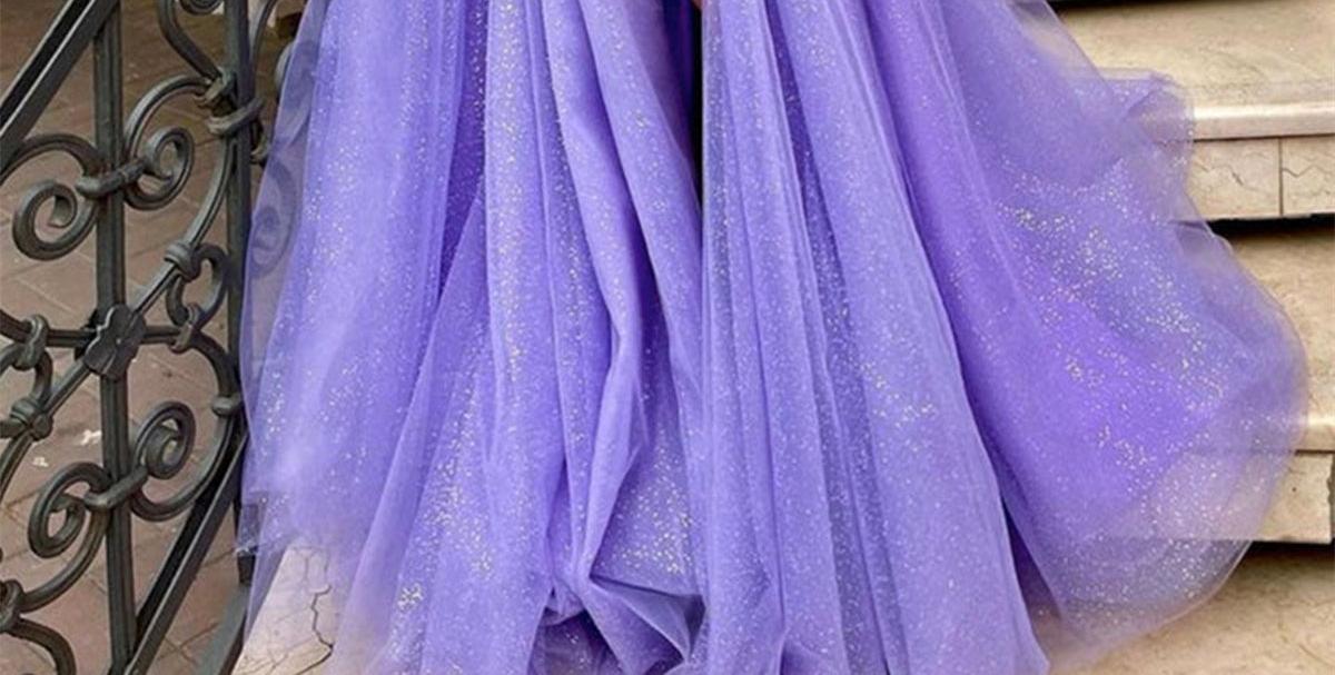 Unthony - Shiny Sequins Tulle Off Shoulder Purple Long Prom Dress with High Slit
