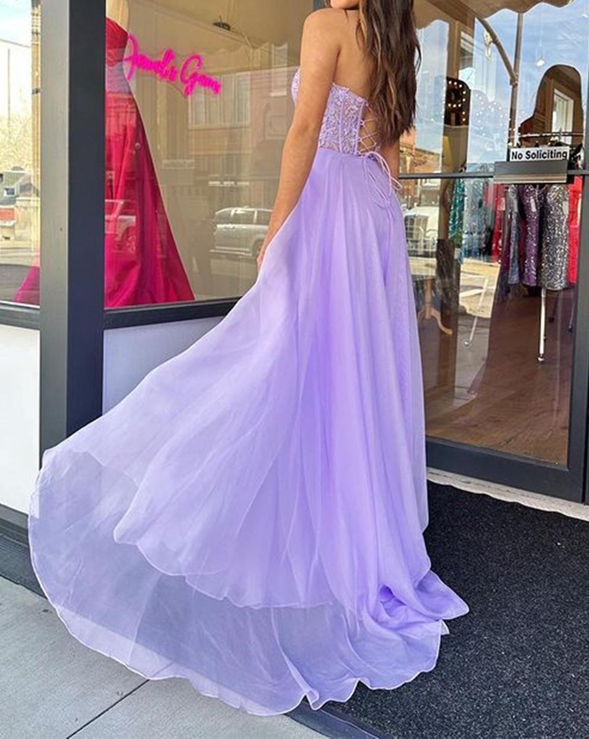 Unthony - Strapless Sweetheart Neck Purple Lace Long Prom Dress