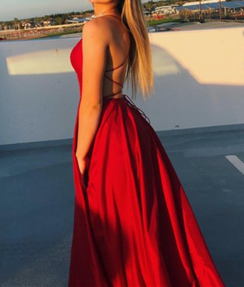 Unthony - Simple Satin Backless Long Red Prom Dress