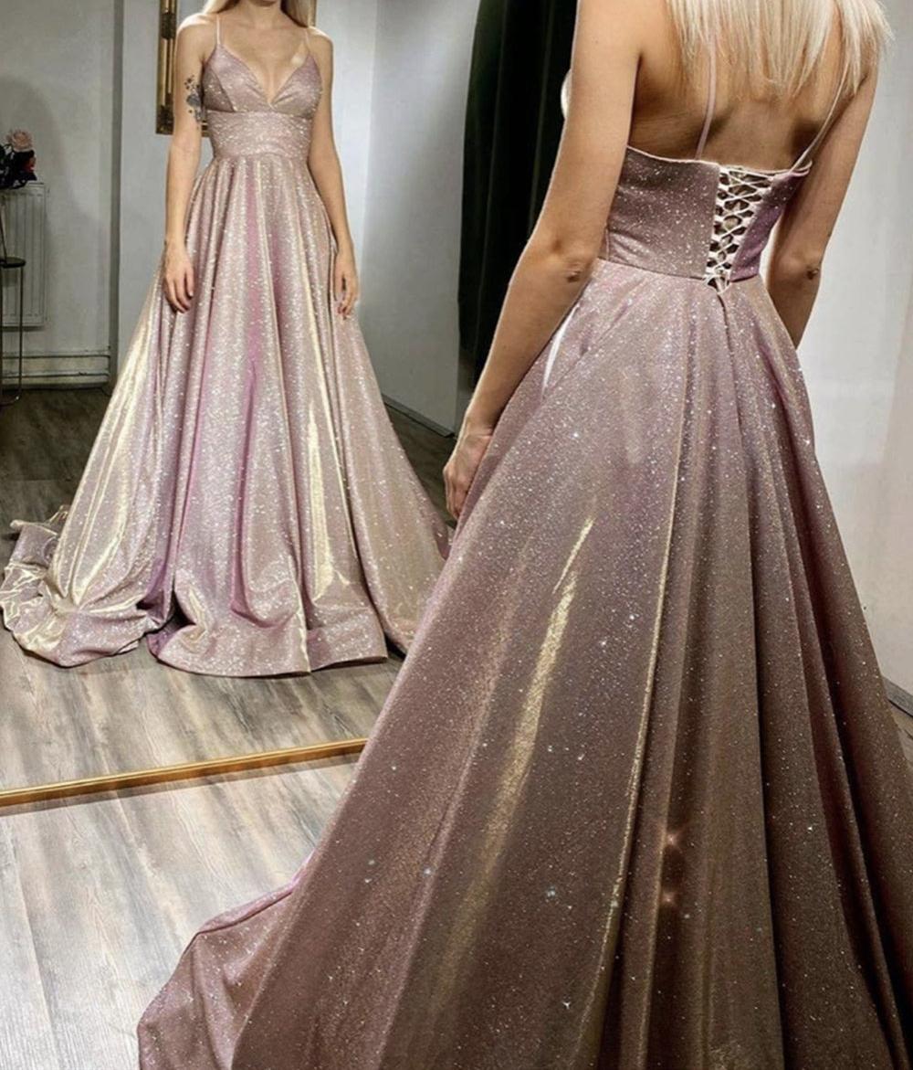 Unthony - Shiny V Neck Open Back Pink Long Prom Dress