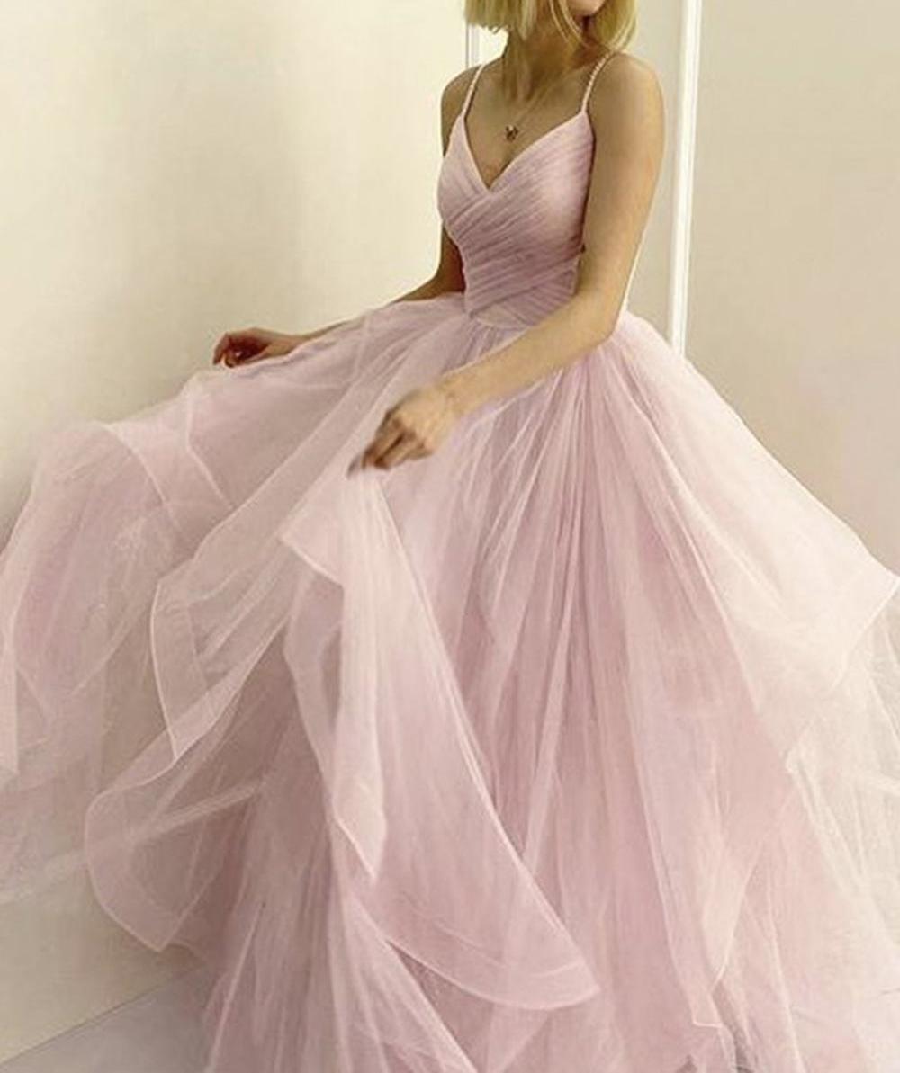 Unthony - Pink Tulle V Neck Fluffy Long Prom Dress