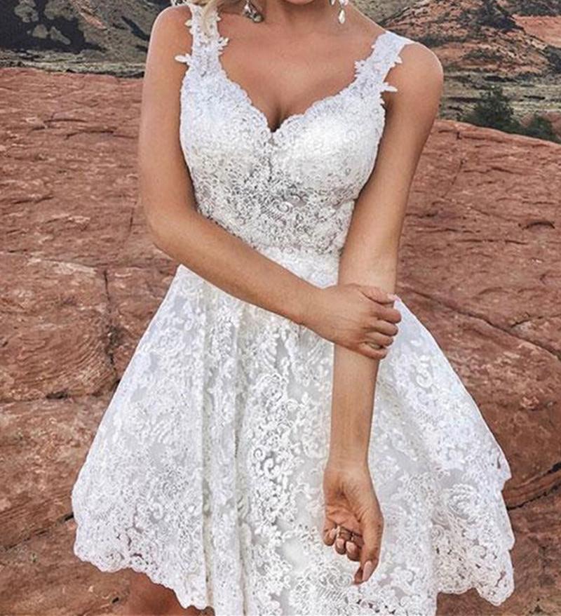 Unthony - Cute V Neck Short White Lace Prom Homecoming Dress