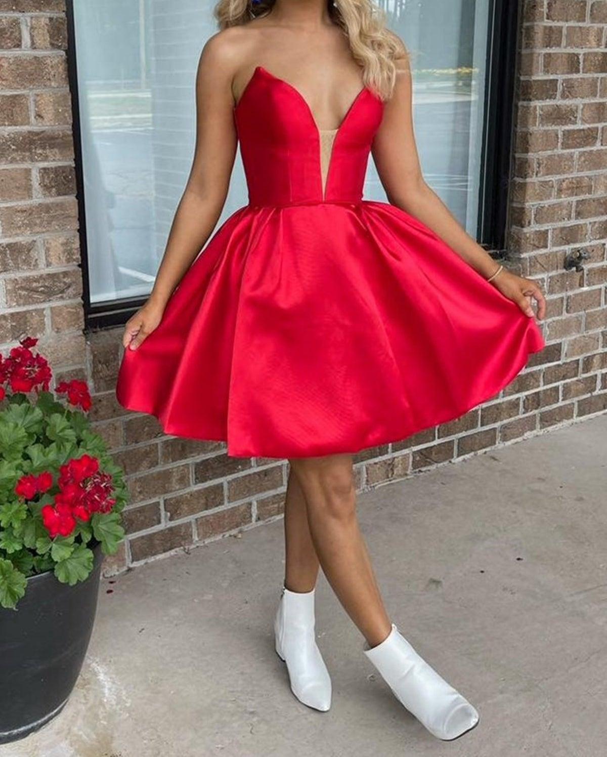Unthony - V Neck Red Satin Prom Dress