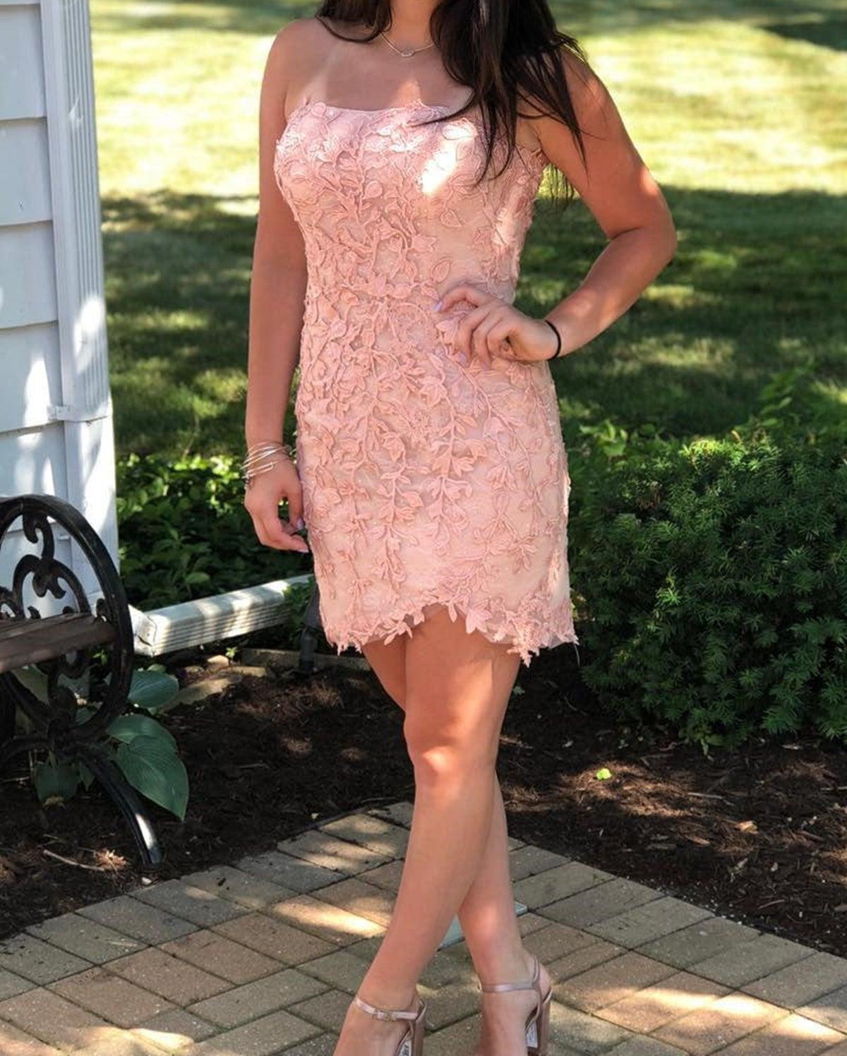 Unthony - Mermaid Strapless Red/Pink Lace Short Prom Homecoming Dress