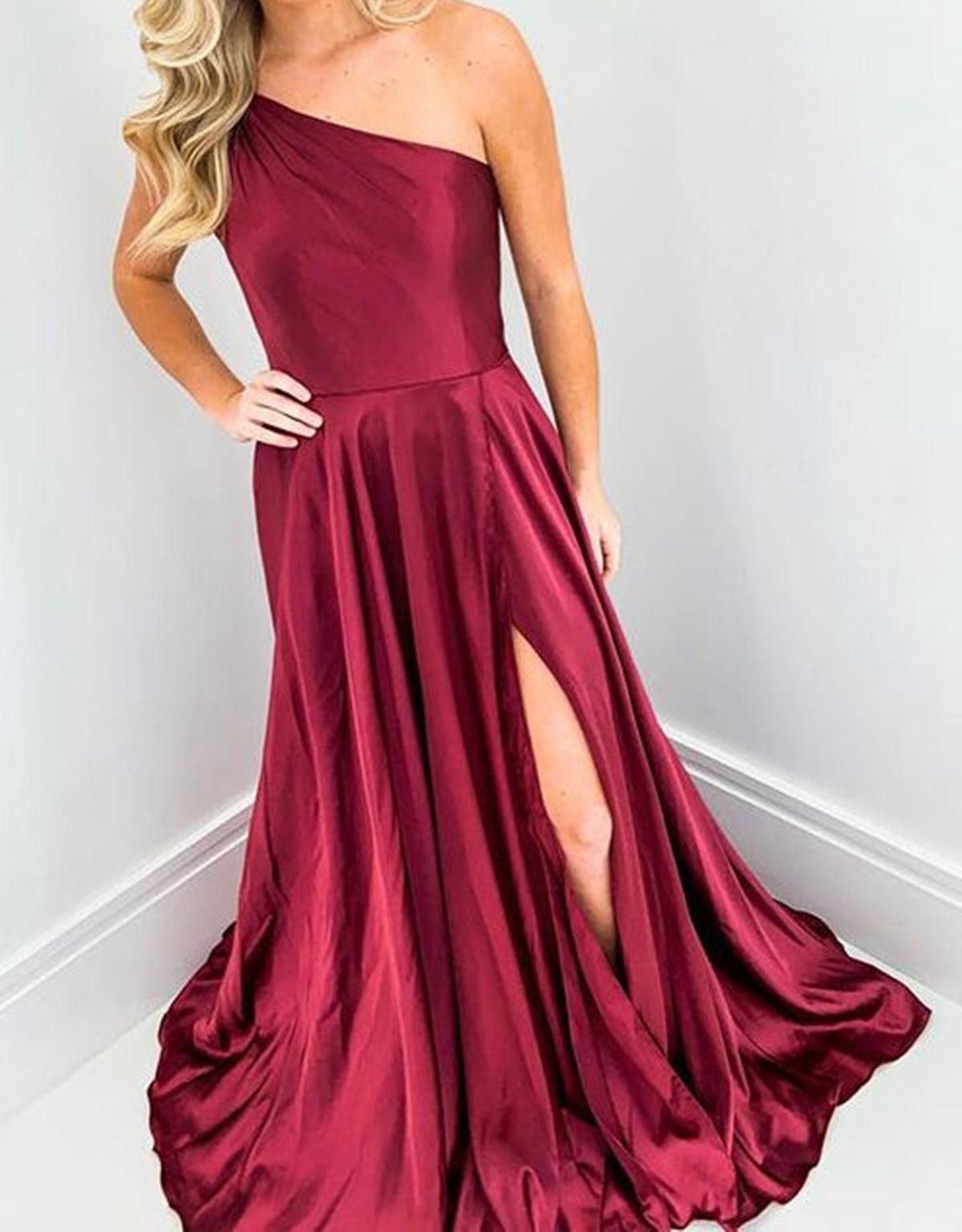 Unthony - One Shoulder Open Back Burgundy Long Prom Dress with High Slit