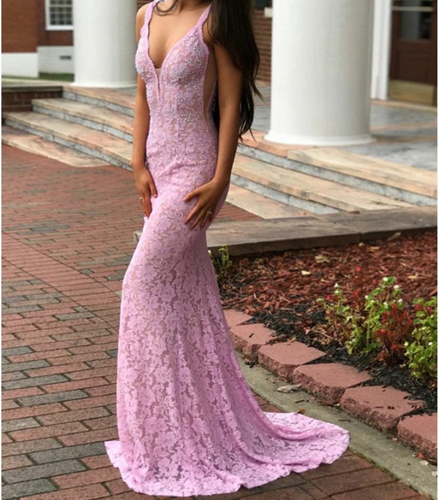 Unthony - Mermaid Deep V Neck Backless Beading Lace Pink Prom Dresses with Sweep Train