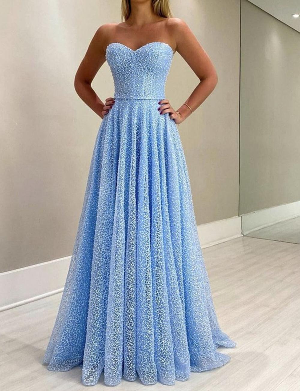 Unthony - Gorgeous Sweetheart Neck Blue Long Prom Dress