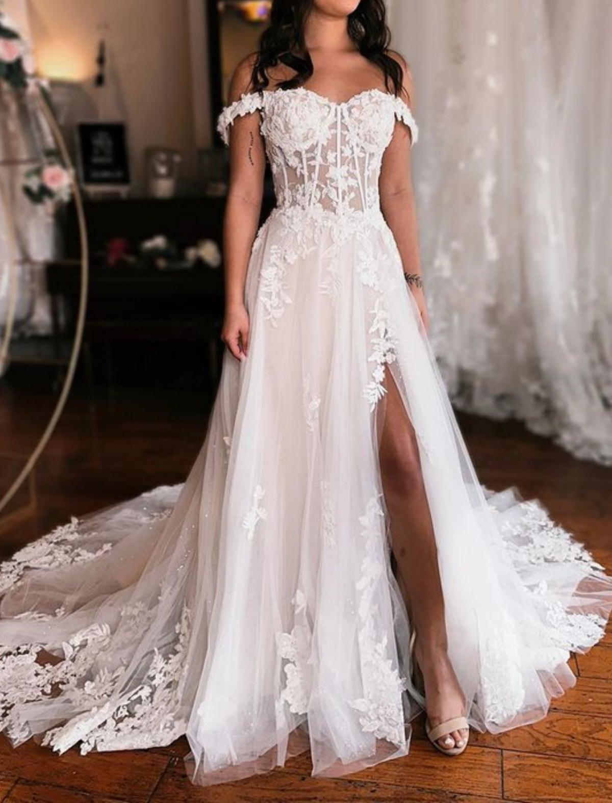 Unthony - Off Shoulder White Lace Long Prom Dress with High Slit