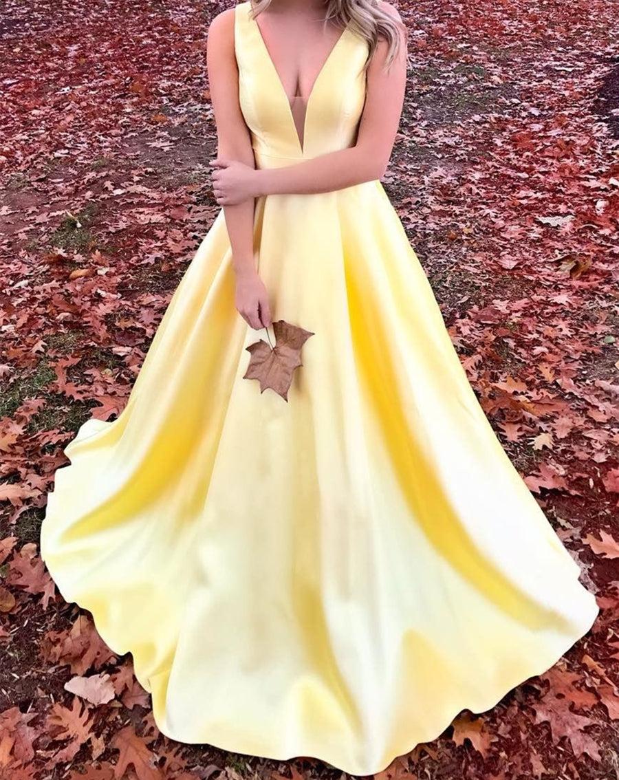 Unthony - Elegant V Neck Open Back Yellow Long Prom Dress