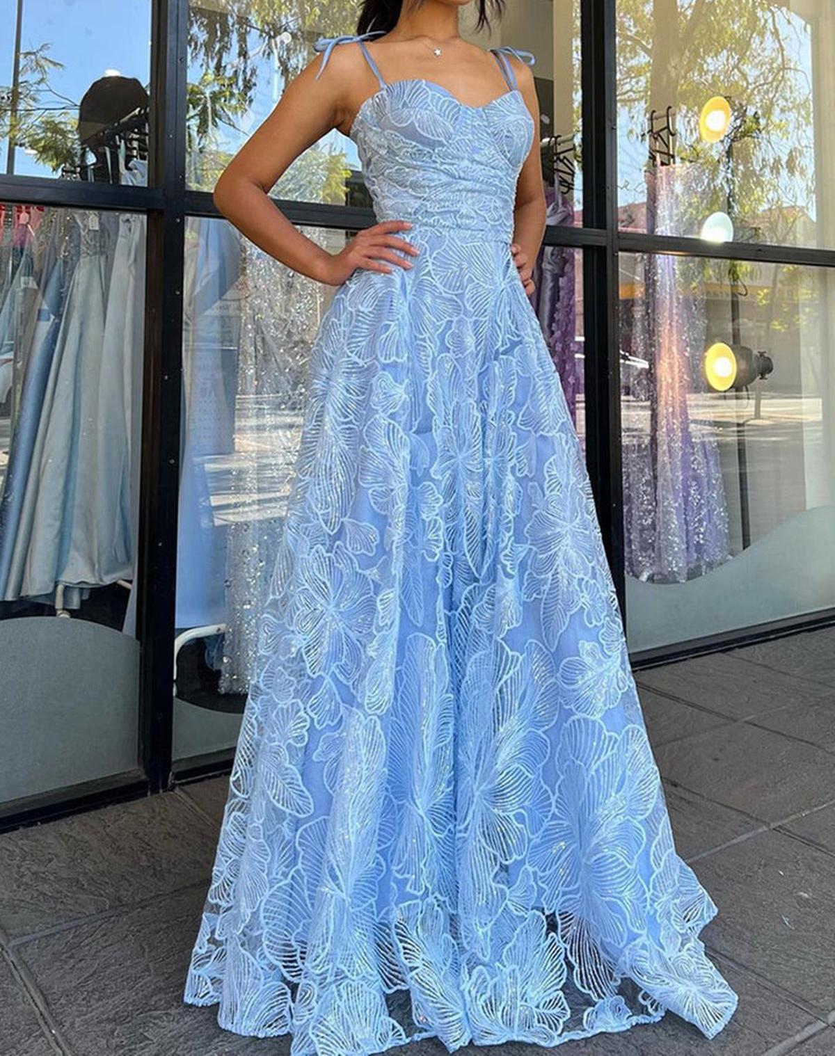 Unthony - A Line Blue Lace Long Prom Dresses