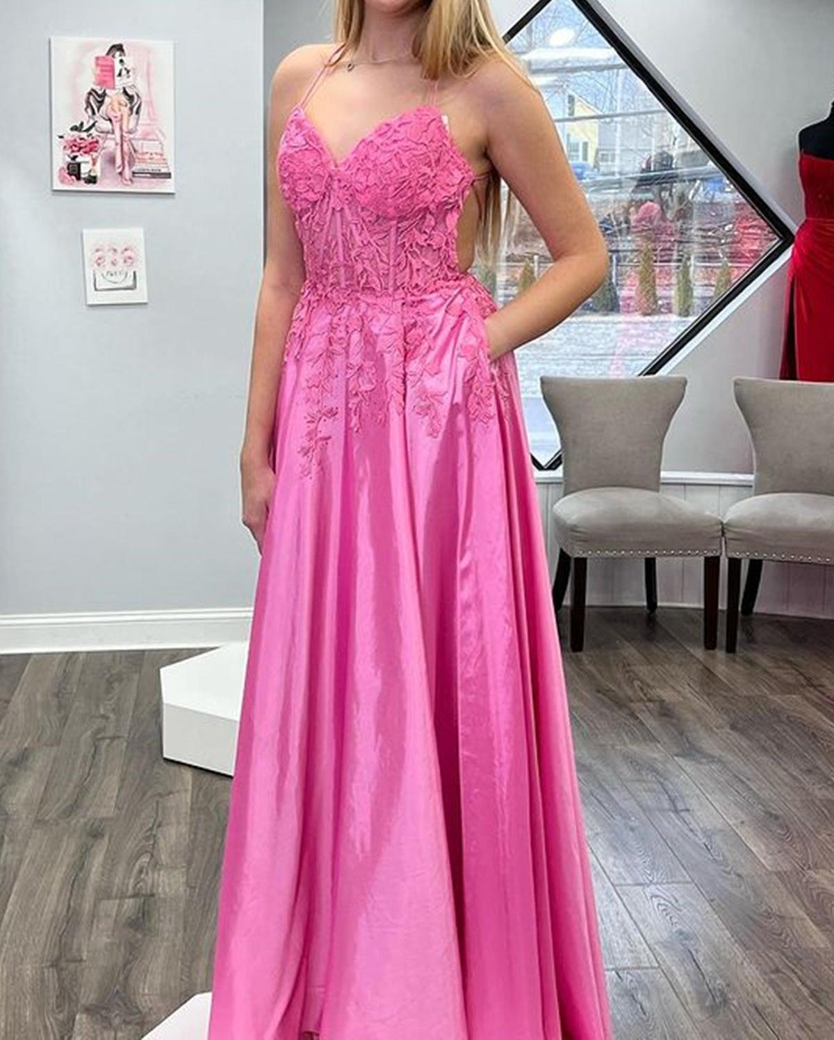 Unthony - V Neck Backless Pink Lace Long Prom Dress