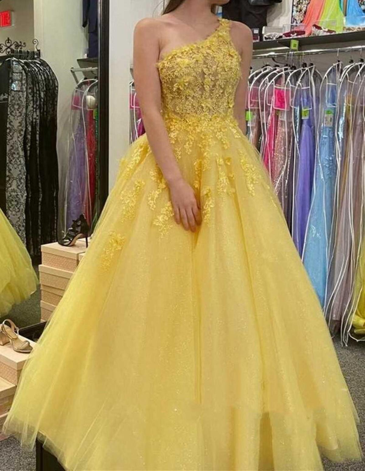 Unthony - One Shoulder Yellow Tulle Lace Floral Long Prom Dress