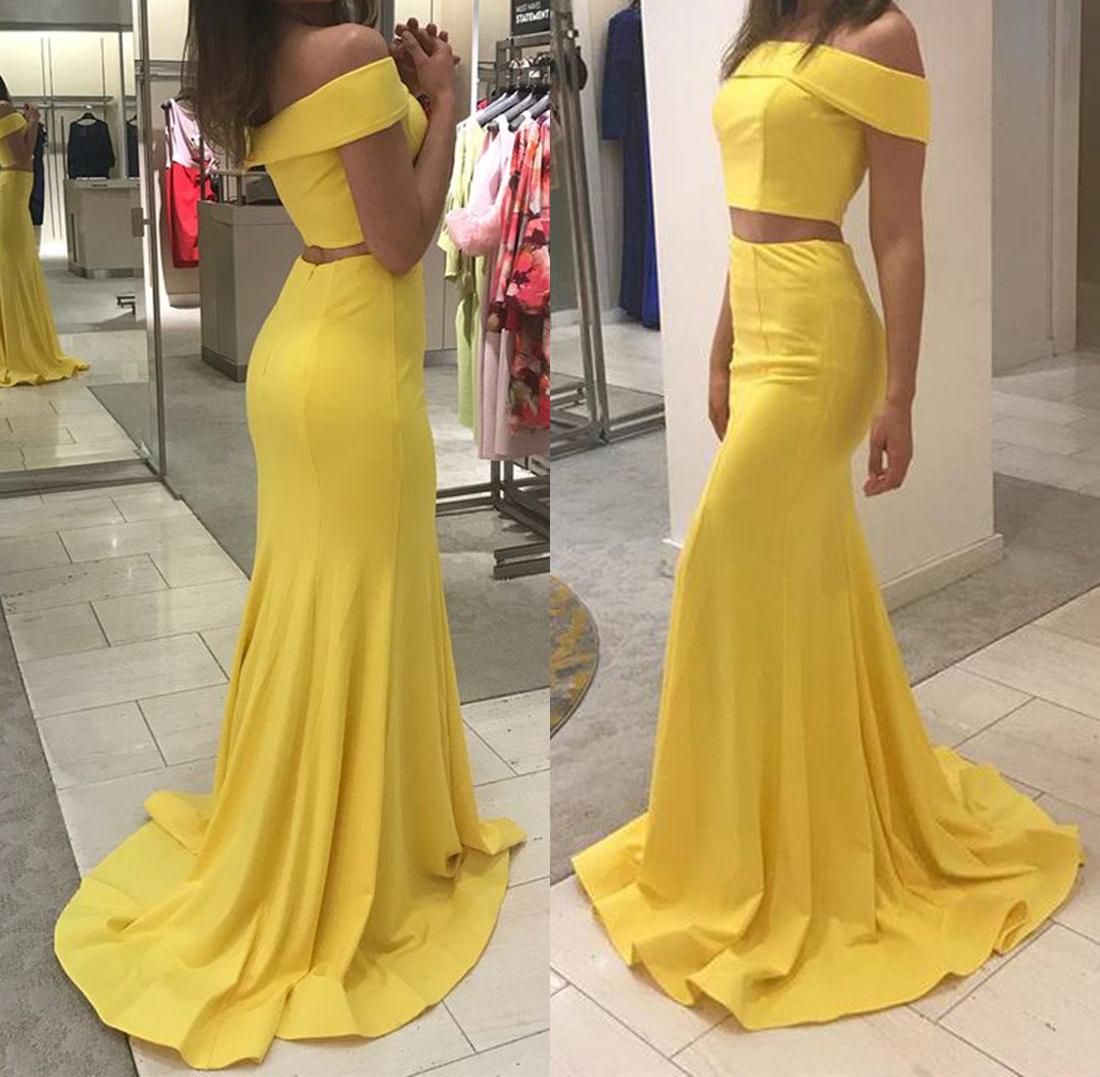 Unthony - Yellow Off Shoulder Two Pieces Mermaid Long Prom Dresses