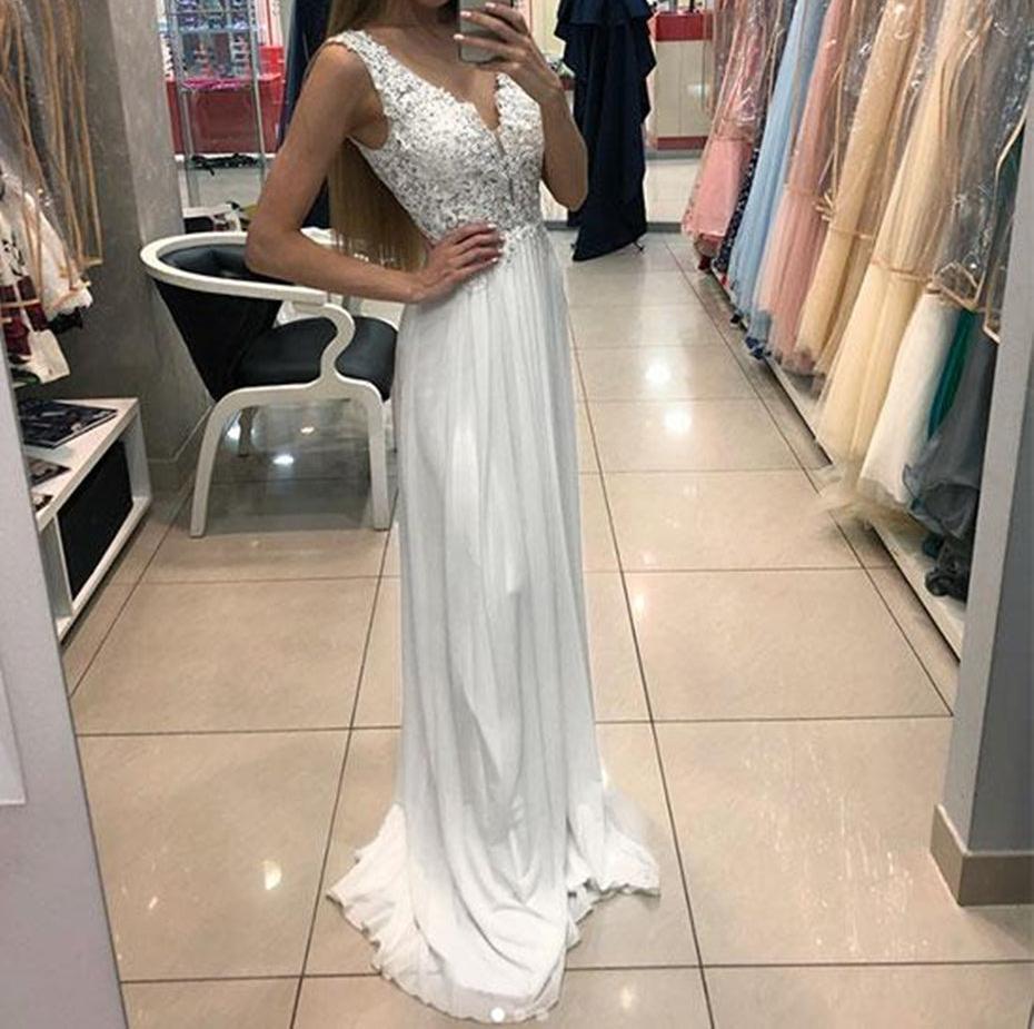 Unthony - A Line V Neck Lace White Chiffon Long Prom Dresses