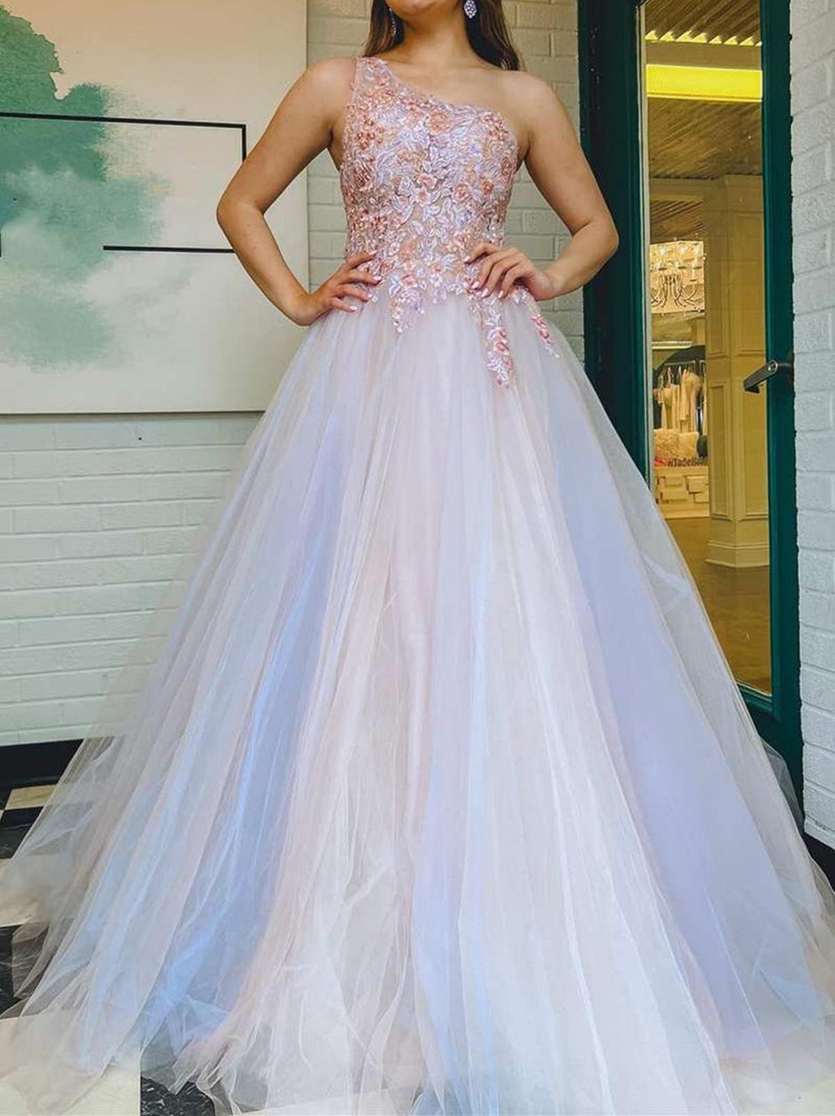 Unthony - One Shoulder Pink Lace Floral Long Prom Dress