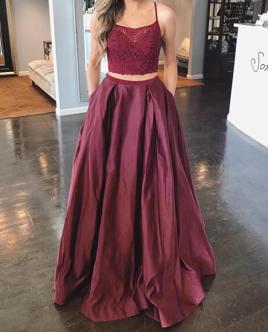 Unthony - Two Pieces Lace Burgundy Long Prom Dress with Pocket