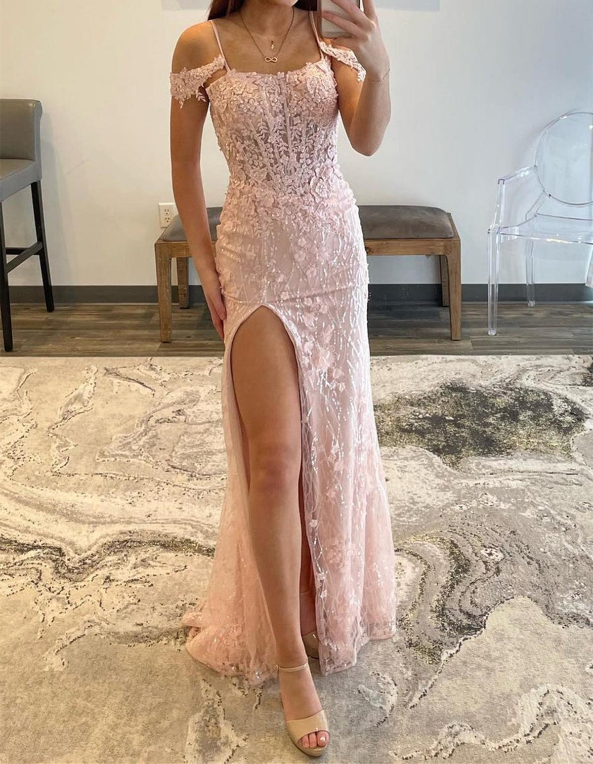 Unthony - Shiny Off Shoulder Pink Lace Long Prom Dress with High Slit