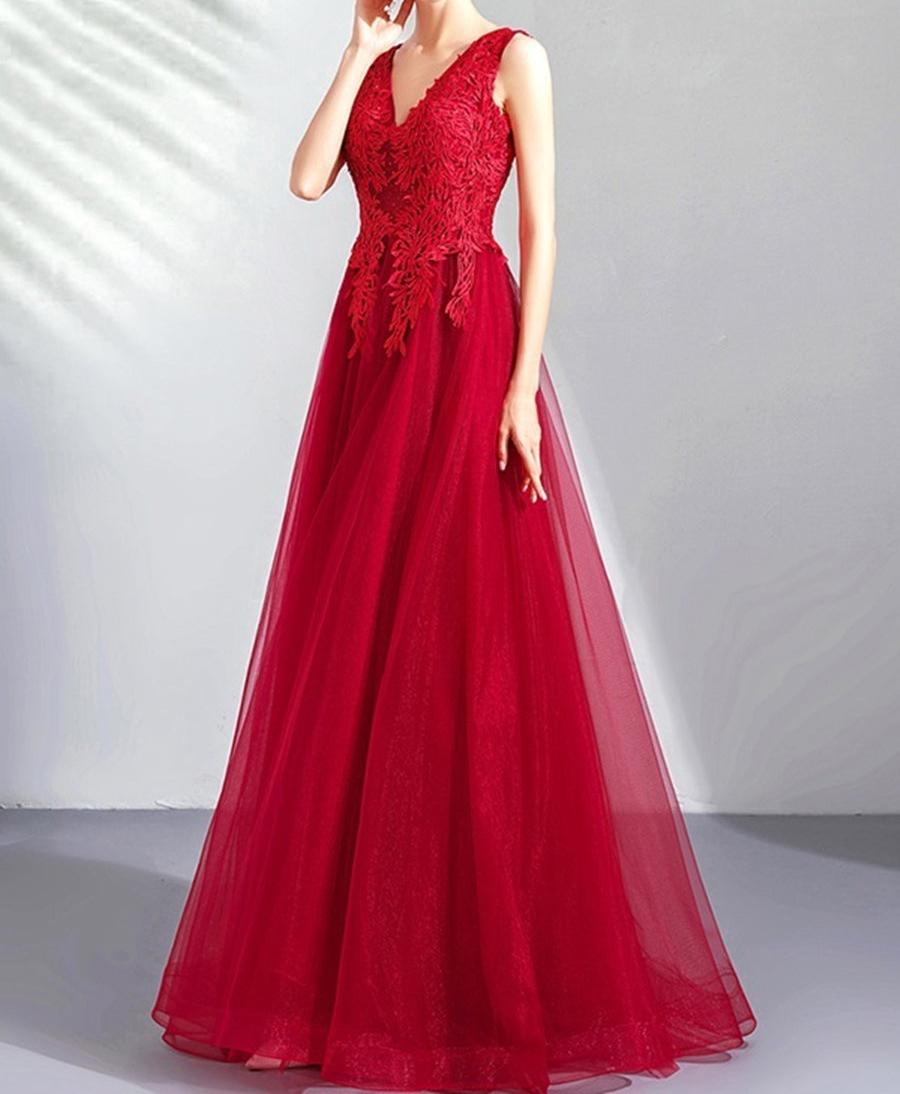 Unthony - A Line V Neck Lace Burgundy Tulle Long Prom Dresses