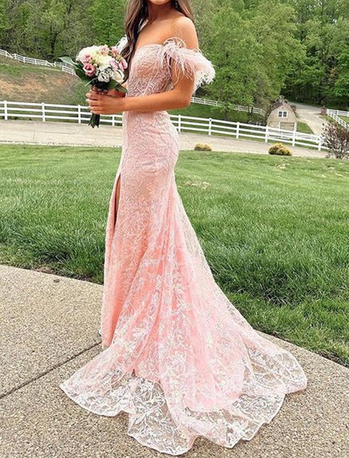 Unthony - Off the Shoulder Mermaid Pink Lace Long Prom Dress