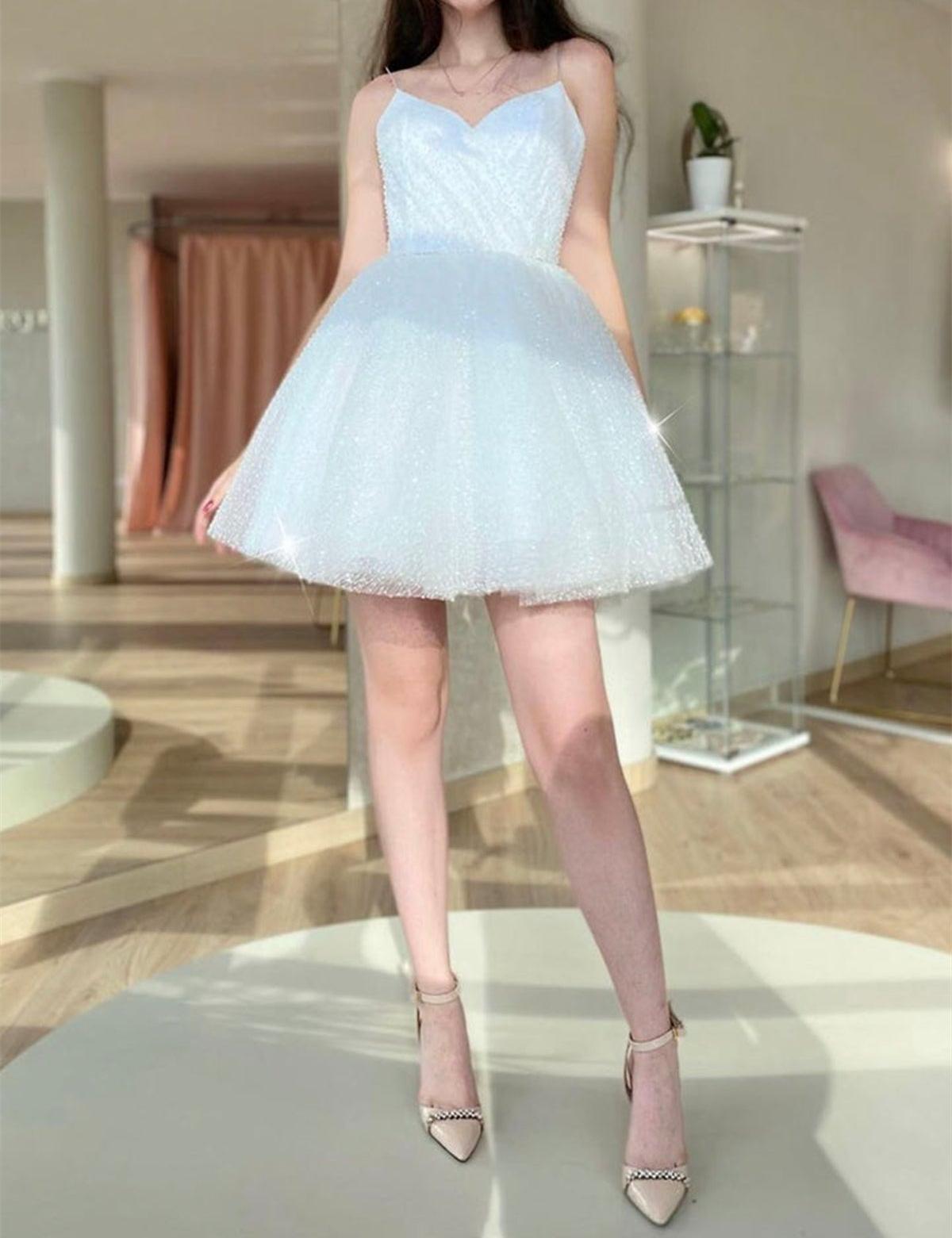 Unthony - Pretty V Neck White Sequins Short Prom Homecoming Dress
