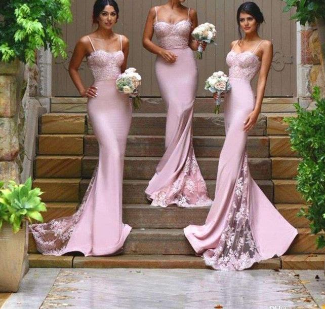 Unthony - Spaghetti Straps Mermaid Pink Lace Prom Dresses