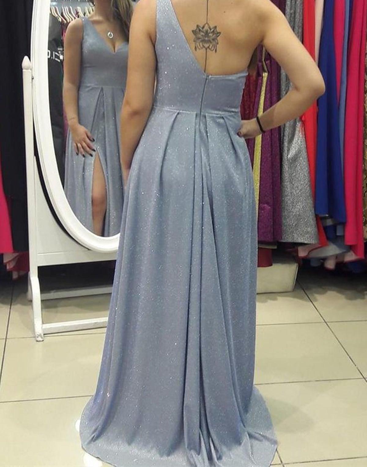 Unthony - One Shoulder Silver Gray Long Prom Dress with High Slit