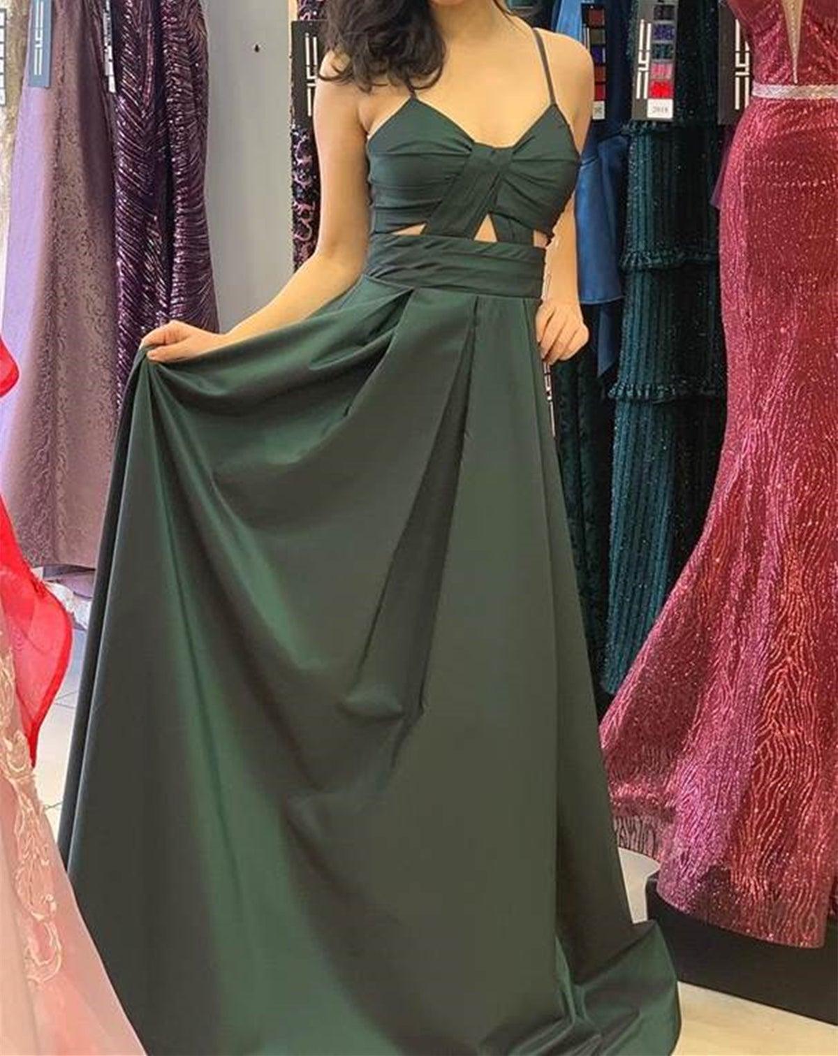 Unthony - Unique V Neck Open Back Dark Green Satin Long Prom Dress
