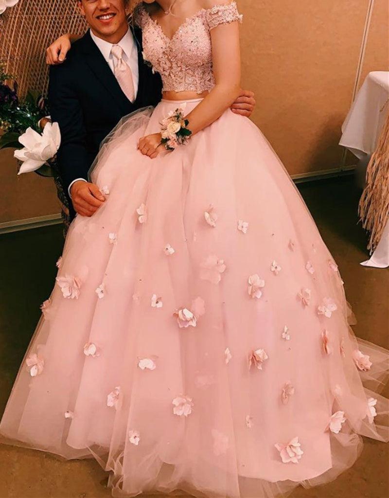 Unthony - Off Shoulder Two Pieces Floral Pink Lace Wedding Dress