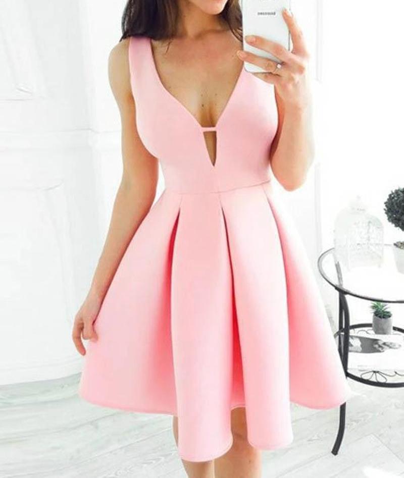 Unthony - Pretty V Neck Pink Satin Short Prom Dress