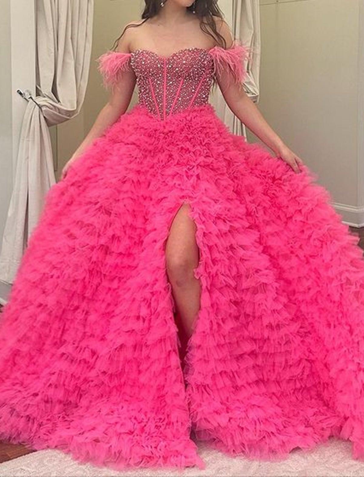 Unthony - Gorgeous Off Shoulder Beaded Pink Long Prom Dress