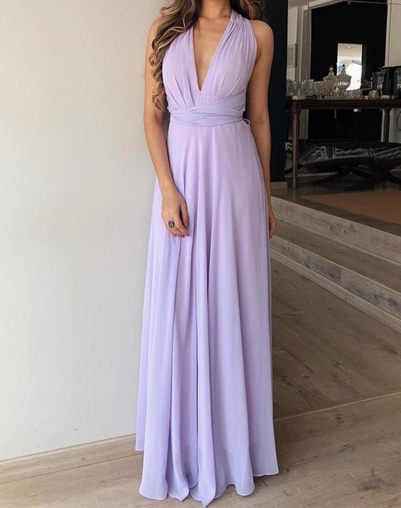 Unthony - A Line V Neck Floor Length Lilac Chiffon Long Prom Dress