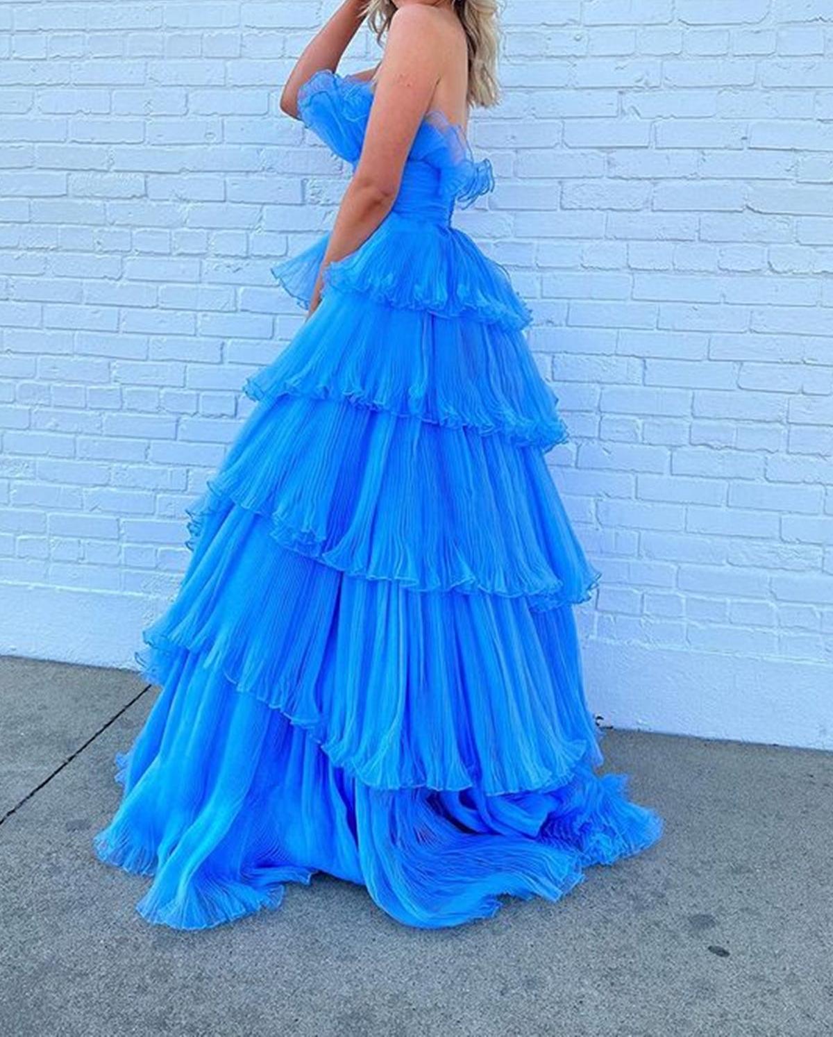 Unthony - Strapless Layered Blue Long Prom Dresses