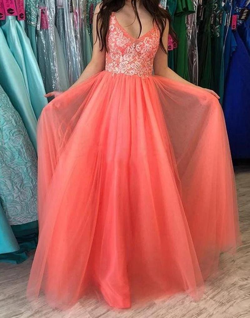 Unthony - A Line V Neck Backless Coral Lace Long Prom Dress