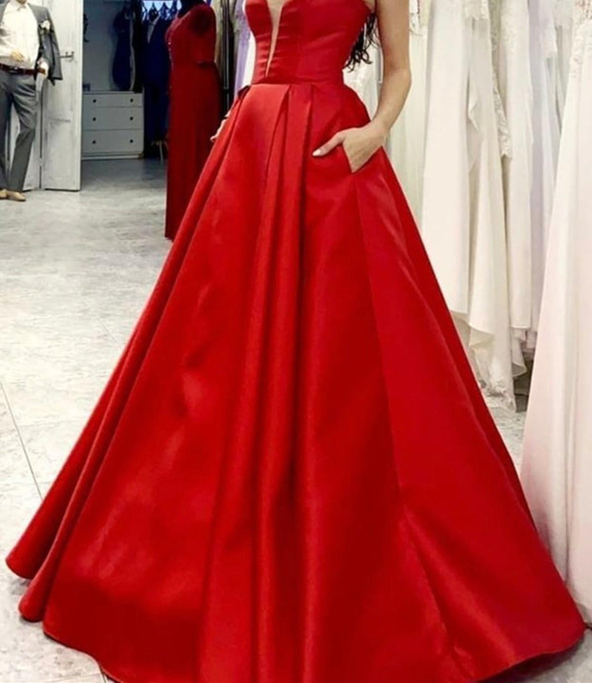 Unthony - V Neck Open Back Red Satin Long Prom Dress