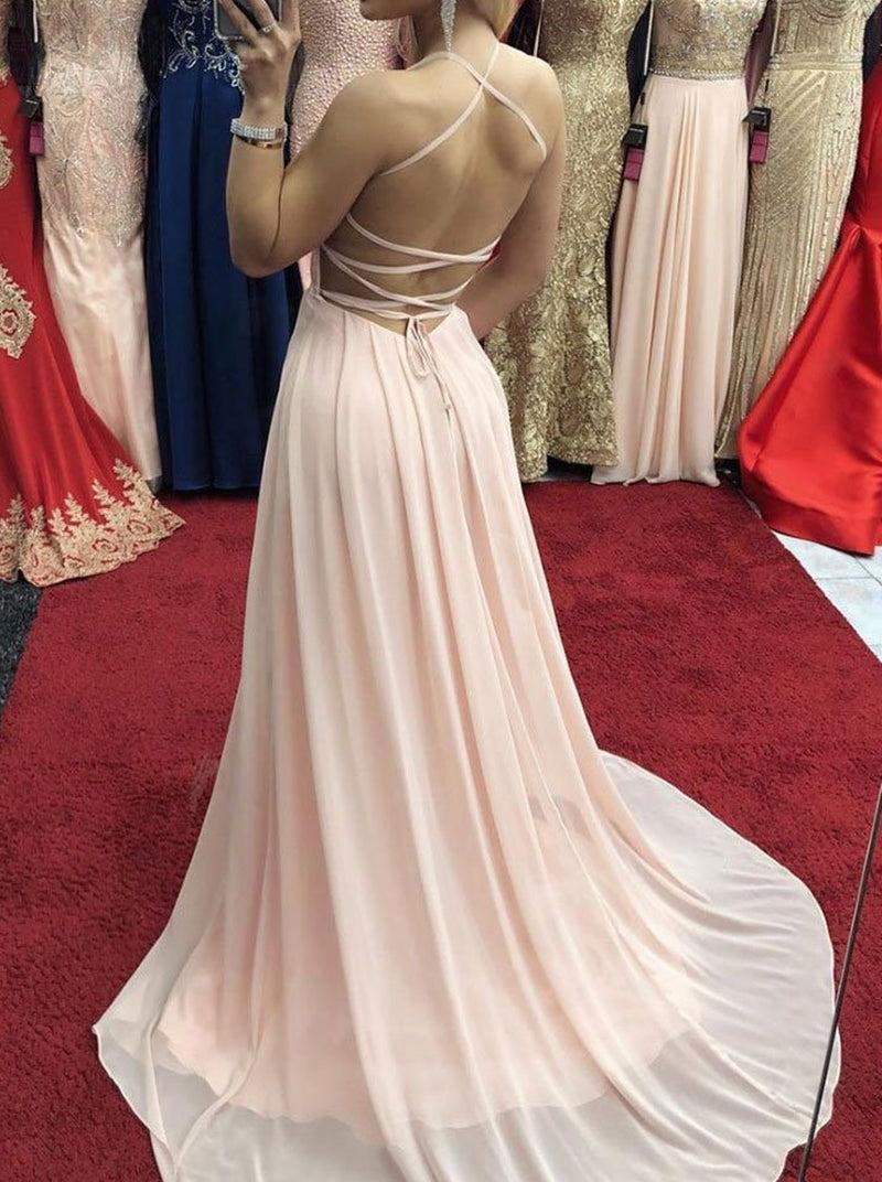 Unthony - Elegant V Neck Mermaid Backless Pink Prom Dress with Leg Slit