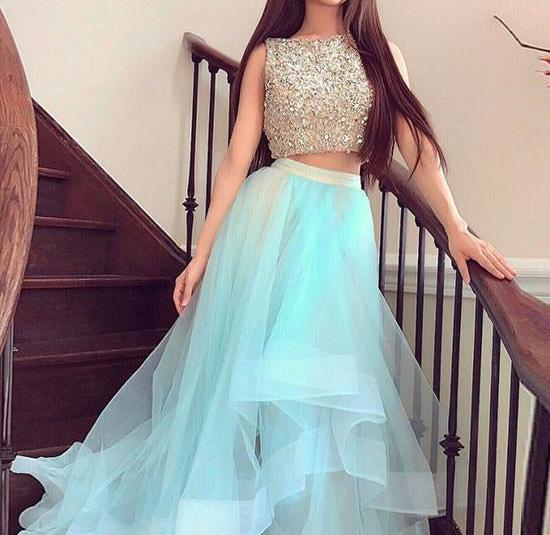 Unthony - Round Neck 2 Pieces Sequins Tulle Green Long Prom Dress