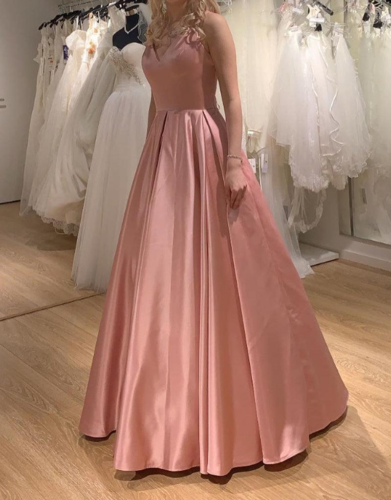 Unthony - Princess V Neck Pink Satin Long Prom Dress