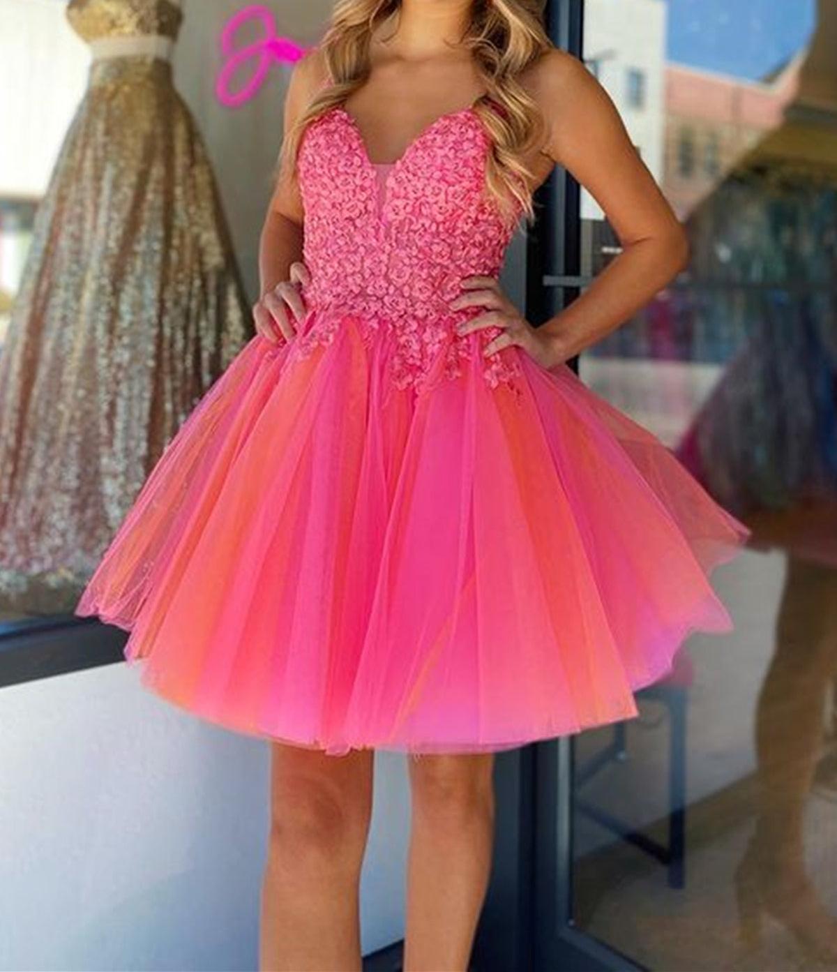 Unthony - Open Back V Neck Hot Pink Lace Prom Dress