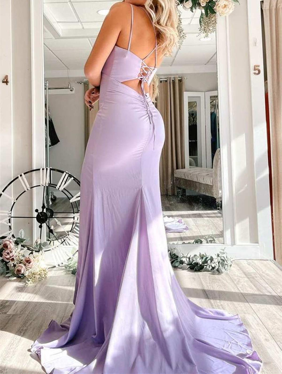 Unthony - Elegant Open Back Lavender Satin Long Prom Dress with High Slit