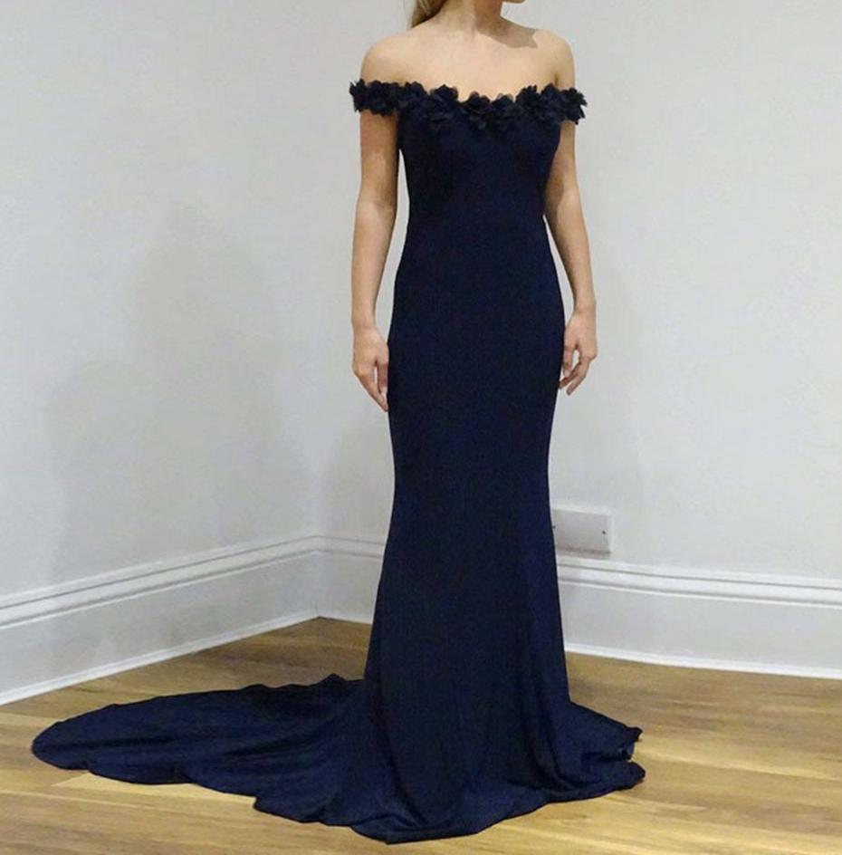 Unthony - Mermaid Off Shoulder Appliques Navy Blue Long Prom Dresses