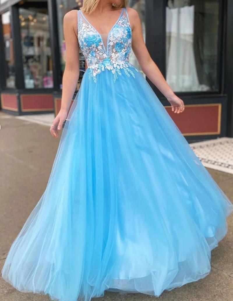 Unthony - V Neck Open Back Lace Appliques Blue Long Prom Dress