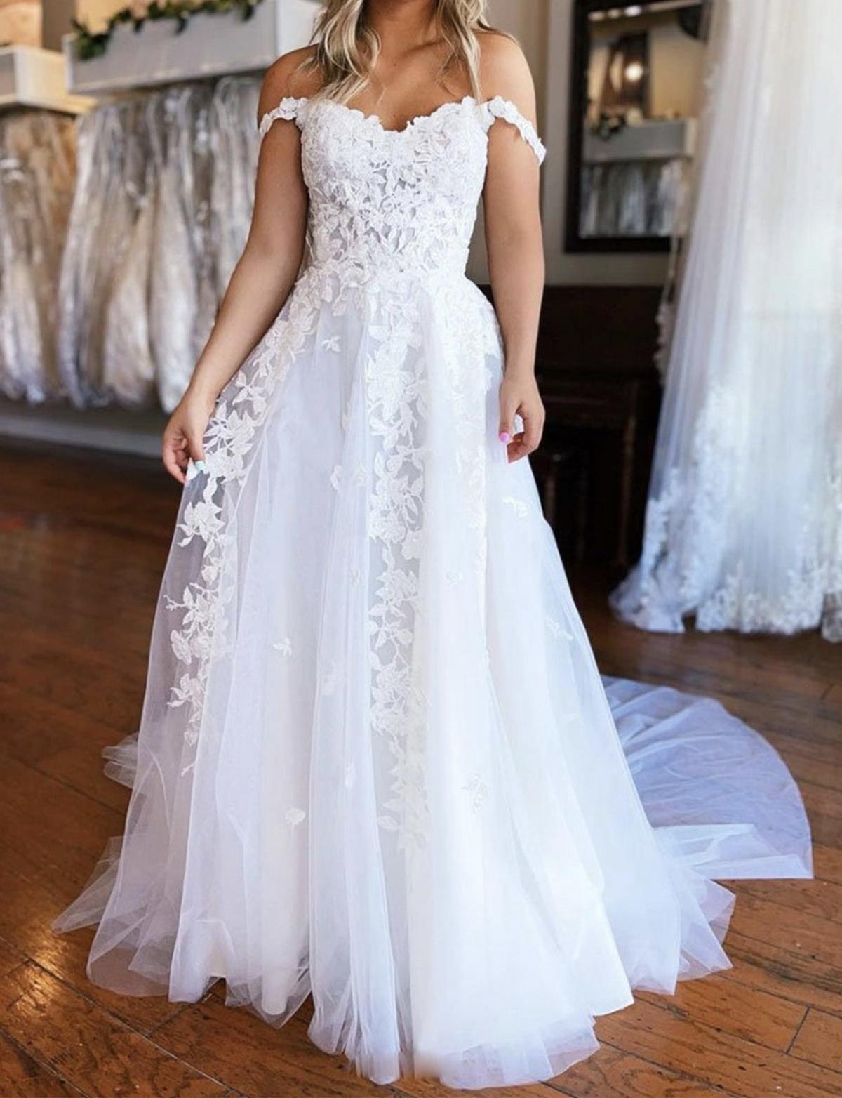 Unthony - Off Shoulder White Lace Tulle Long Prom Dress