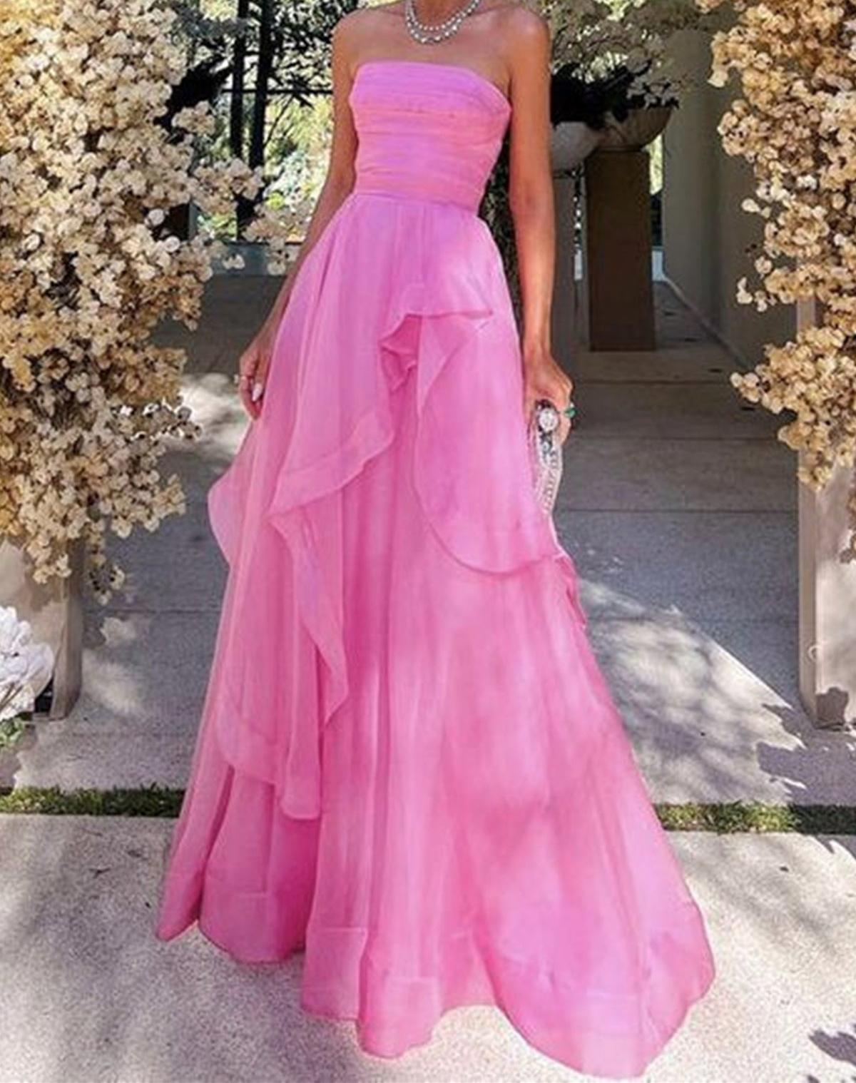 Unthony - Elegant Strapless Layered Pink Prom Dresses Long