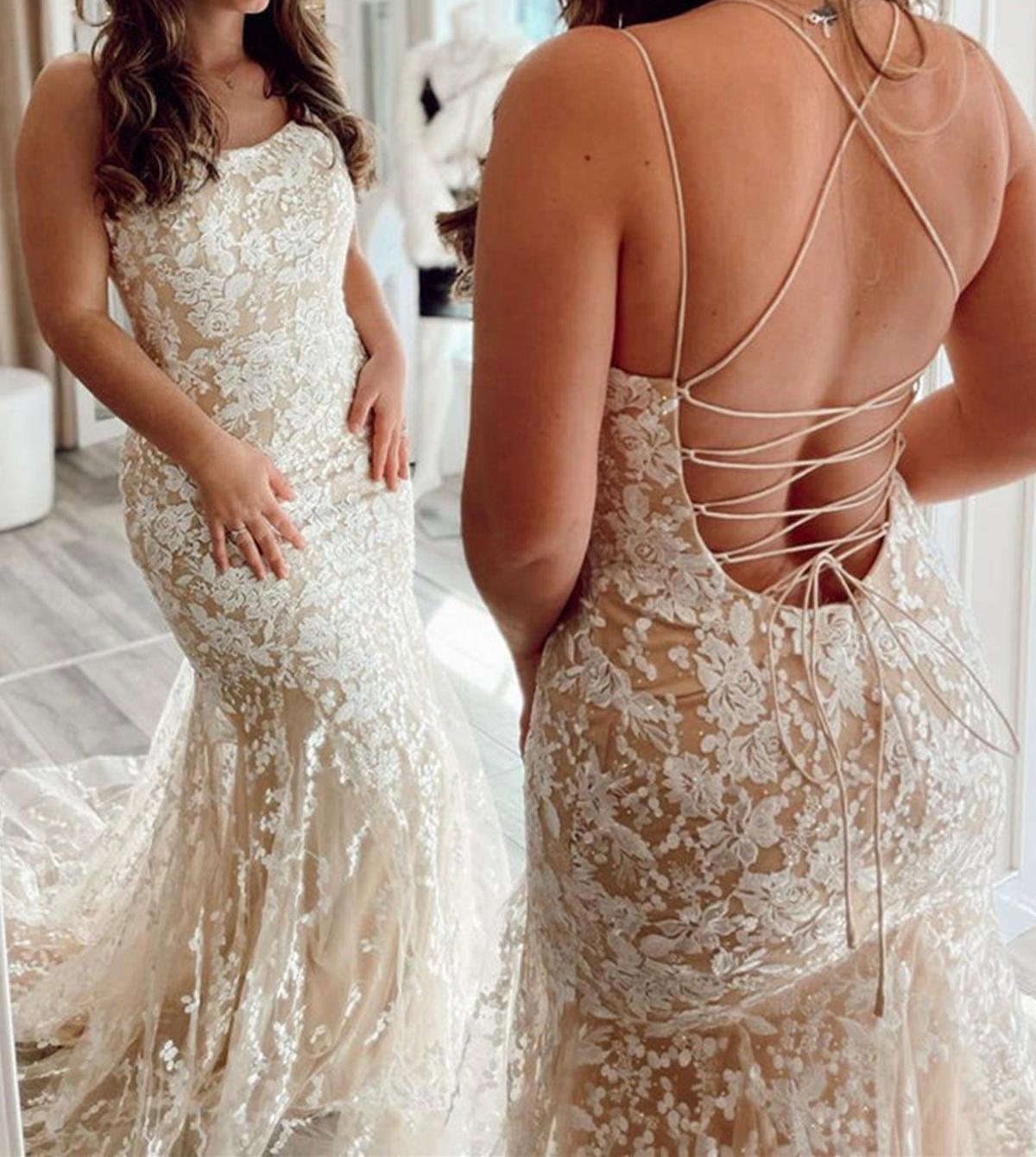 Unthony - Mermaid Backless Champagne Lace Long Prom Dress