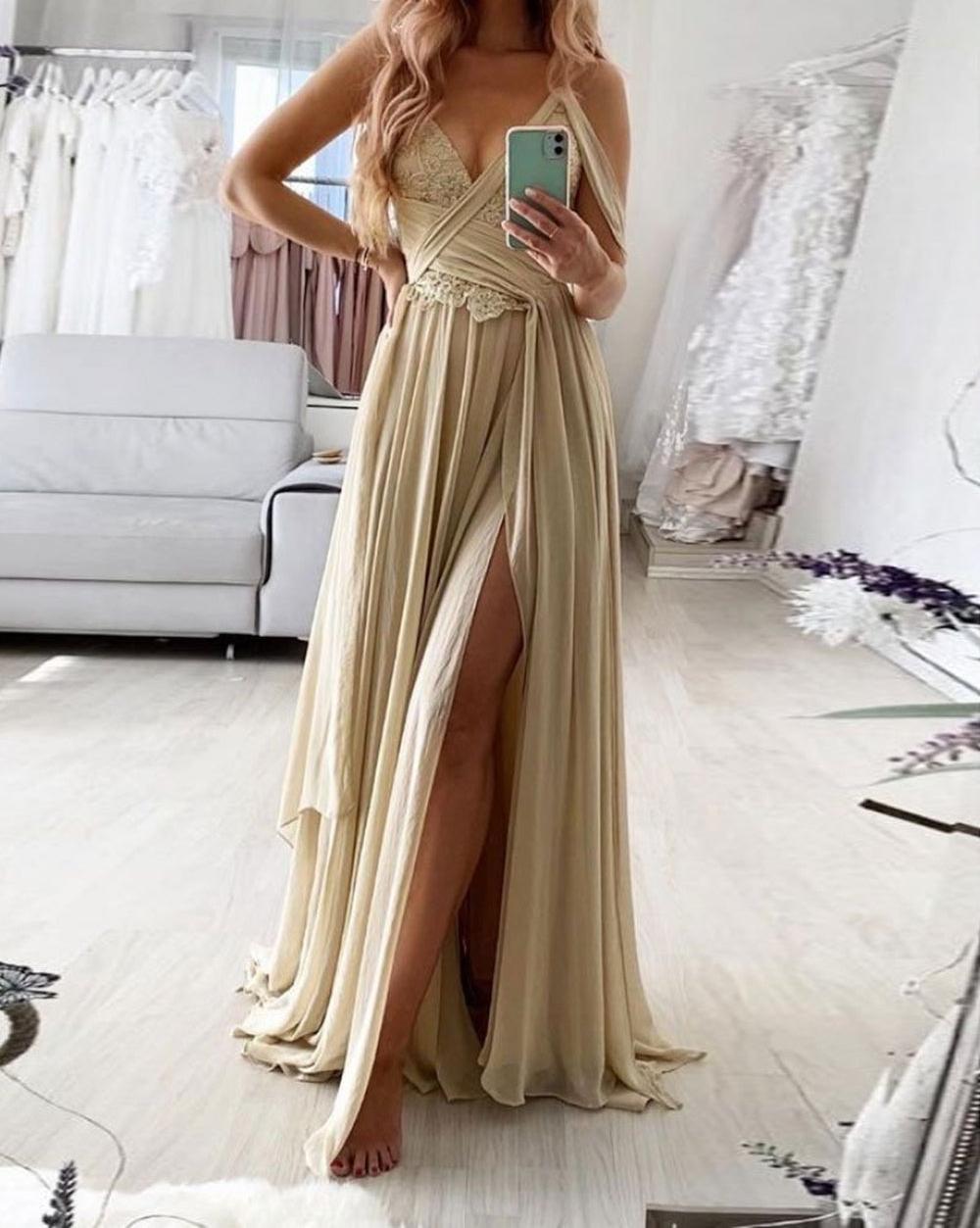 Unthony - A Line V Neck Champagne Lace Long Prom Dress with Slit